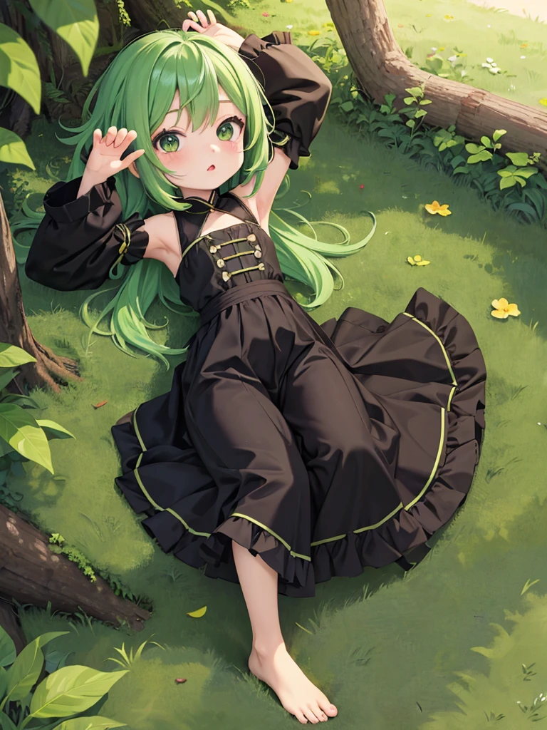 loli,masterpiece, highest quality,highquality,HD,anime,small female,cute,pretty,kawaii,micro body,Green hair,Barefoot,slanted eyes,,ebony skin,arms behind