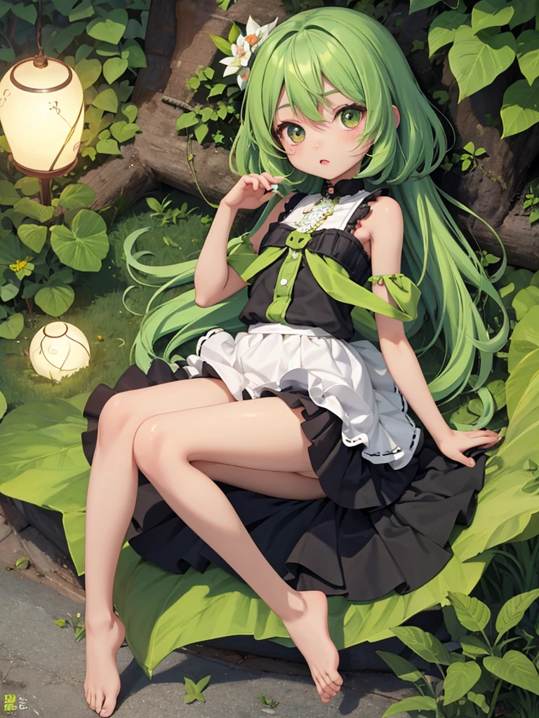 ,masterpiece, highest quality,highquality,HD,anime,small female,cute,pretty,kawaii,micro body,Green hair,Barefoot,slanted eyes,,ebony skin,arms behind