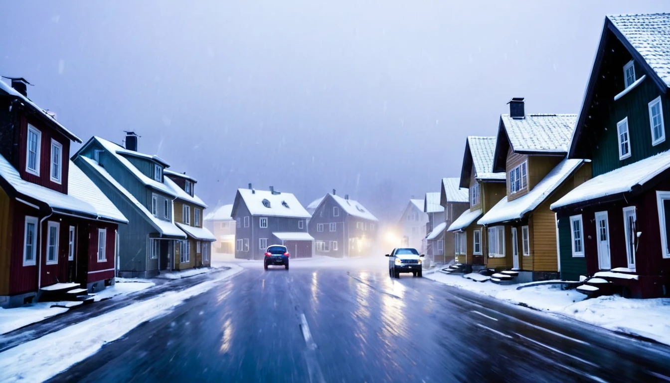 car, street with several houses, blizzard, falling snow, ominous night