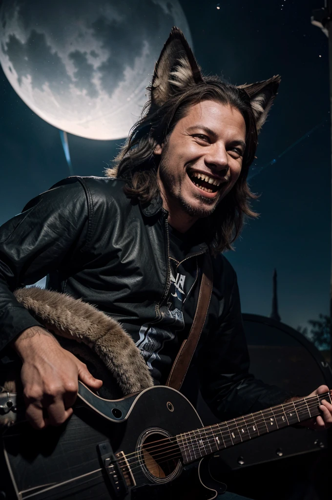 a wolf with a bestial grin plays the guitar in the style of James Hetfield against the background of the night sky