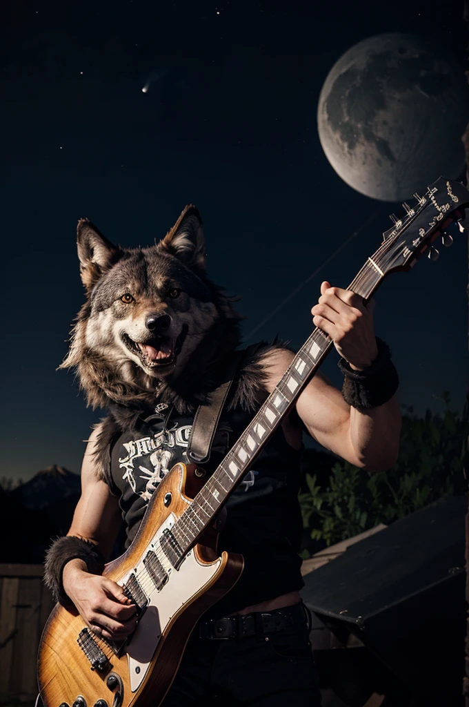  a wolf with a bestial grin plays the guitar in the style of James Hetfield against the background of the night sky