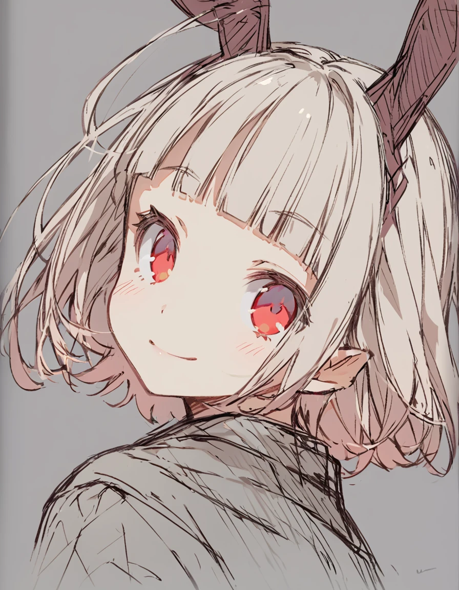 Bunny ears girl(Sketches), (Open Close), (Small body), (White Hair:1.5） (Short Hair:1.4), (Red eyes)(Blunt bangs:1.3)Horns from the forehead　smile
