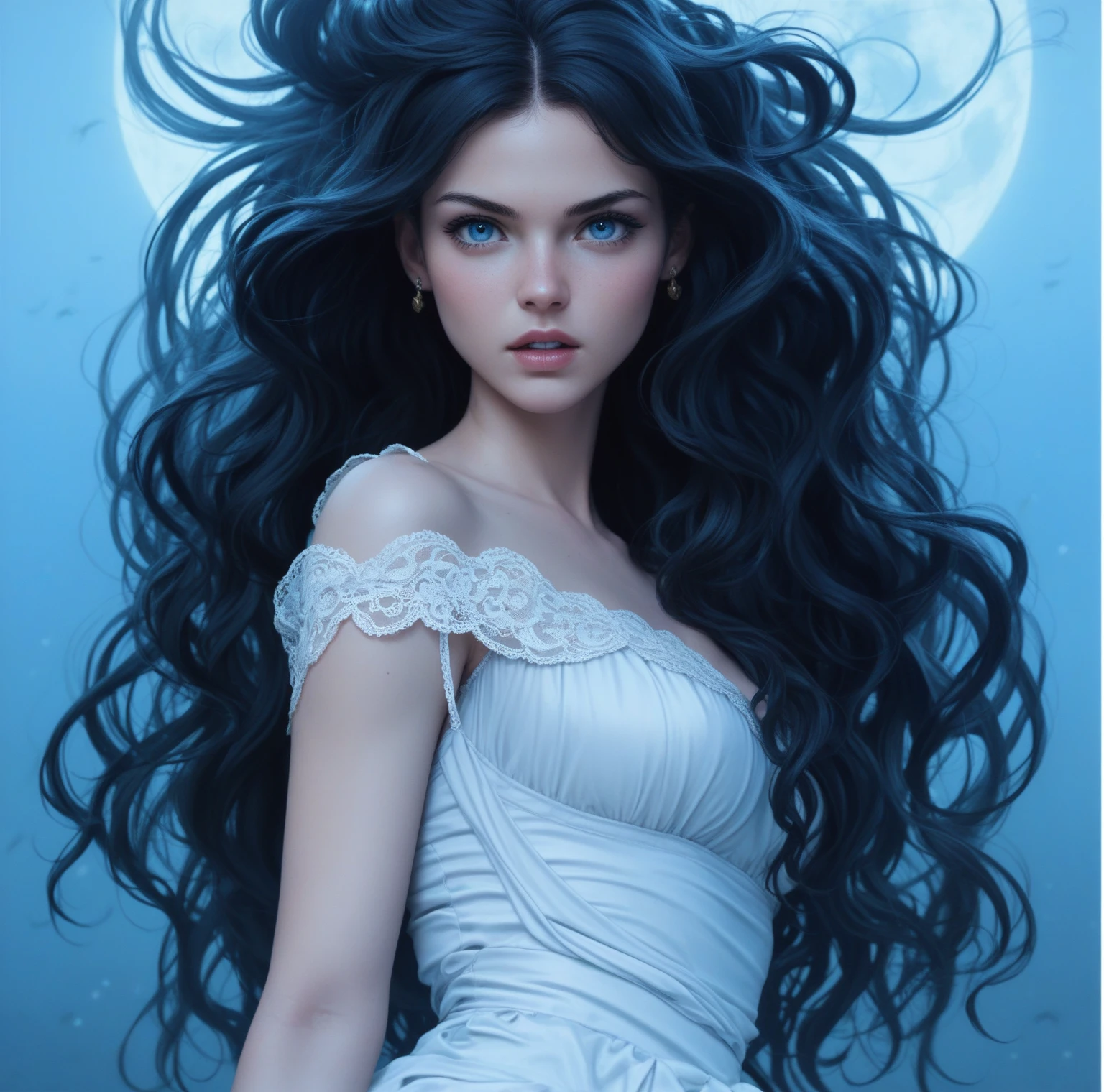 score_9, score_8_up, score_7_up, score_6_up, rating: safe, 1girl, solo, (black_hair:1.5), wavy_hair, jewelry, dress, blue_eyes, earrings, (long_hair:1.5), looking_at_viewer, curly_hair, full_body, lips, lace, white_dress, gold_dress, (night:1.3), cxqz8r, medieval_dress, medieval_landscape, fullmoon, rpg, (rape_face:1.3), narrow_waist, (skinny:1.3), (pale_skin:1.2), open_mouth, parted_lips, angry, (large_breasts:1.2)