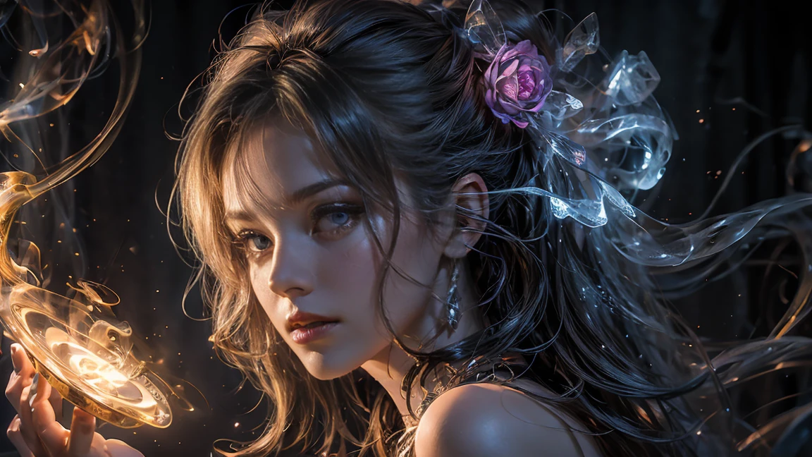 Beautiful and colorful woman: 21 years old woman, messy hair, oil painting, beautiful and perfect face with soft skin, perfect face, blue eyes, light and violet magnetic additions, light red additions, Cosplay, wearing sexy lingerie or see-through nightgown, holding fluorescent crystal rock, intricate details home screen masterpiece in 8k resolution beautiful face digital painting photorealistic art station smooth fluid black paint: photorealistic masterpiece in 8k resolution: intricately detailed fluid gouache painting: by John Baptist Mongue: calligraphy : acrylic: watercolor art, professional photography, natural lighting, volumetric lighting maximalist photo illustration: by Marton Bobzert: complex, elegant, expansive, Fantastic