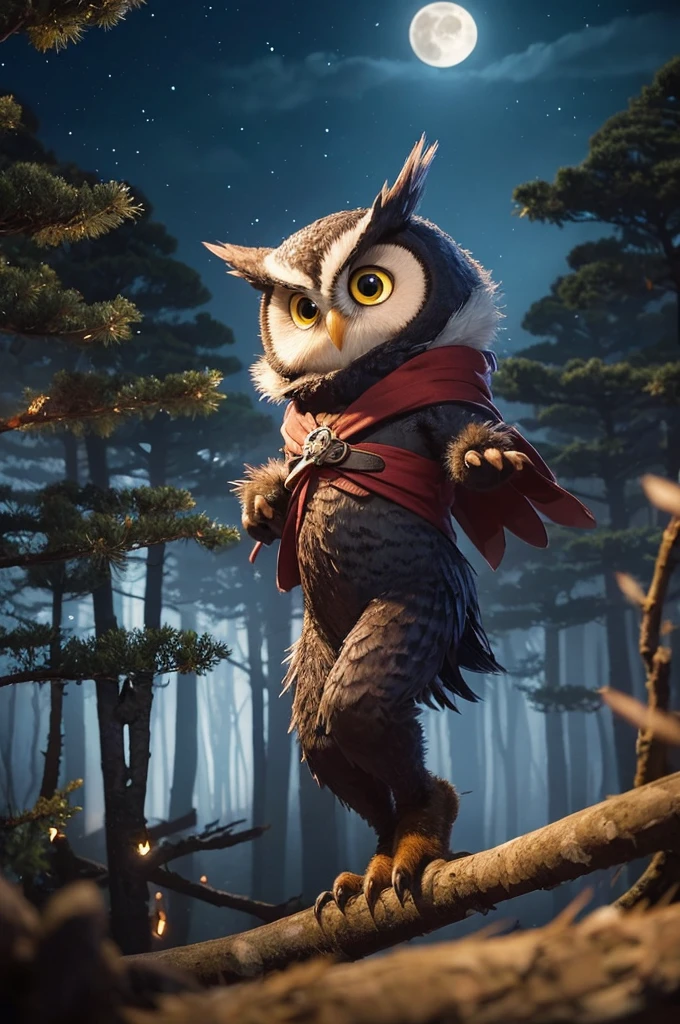 "A hyper-realistic yet Pixar-style cute image of an anthropomorphic owl dressed as a ninja. The owl has a human-like body but retains adorable avian features and soft, expressive feathers, wearing a small-sized traditional ninja outfit with a mask and holding a tiny shuriken. The setting is a magical, animated Japanese forest at night with a full moon and twinkling stars, creating a mystical, enchanting atmosphere."