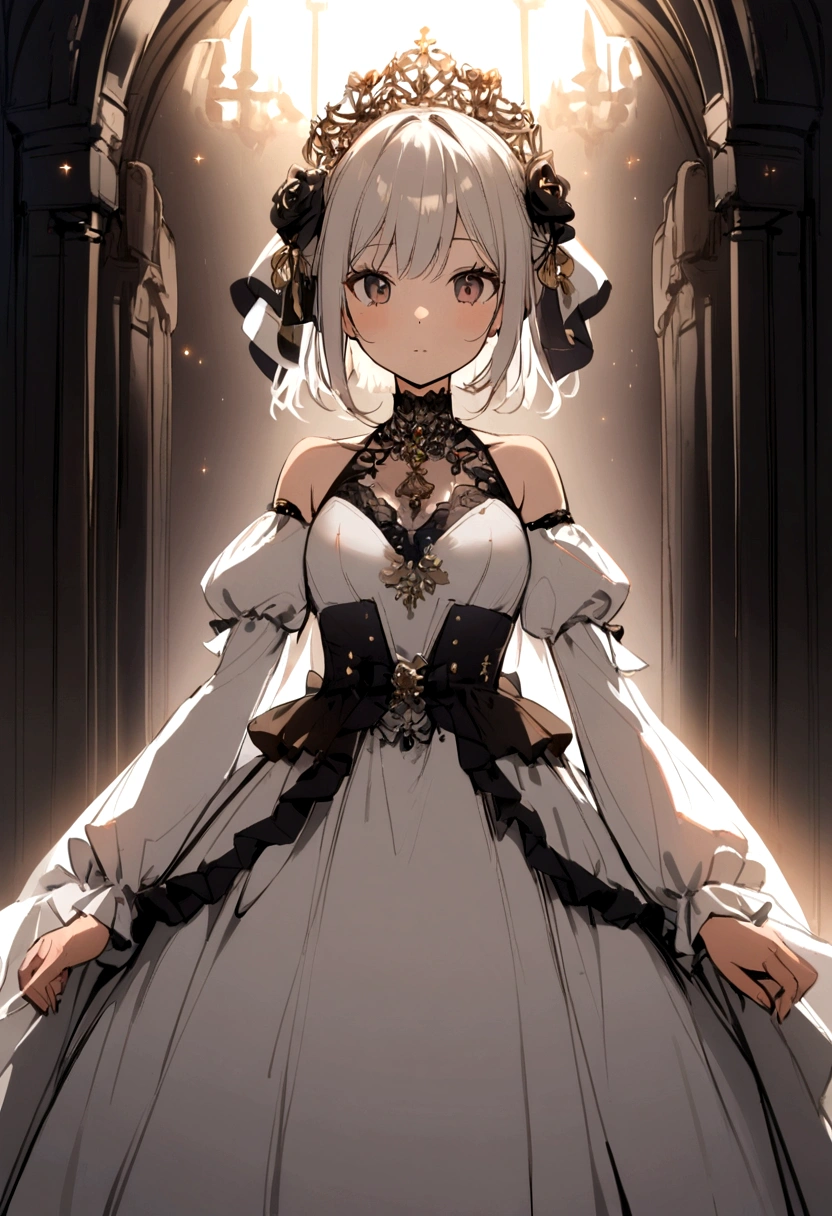 1 girl,best quality, very aesthetic, absurdres,looking at viewer,front view,Lovely lady,high-grade,layer,westfrill,light hair,multilayer,blackcolor,trim,(side-Crisscross),breasts,upscale, Layered