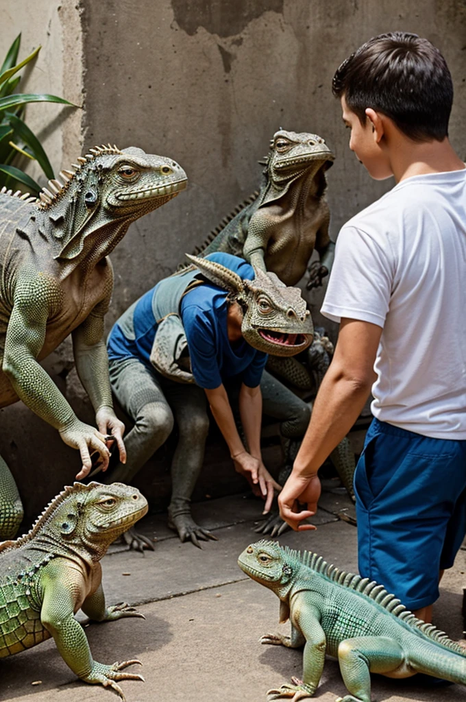 An old lady sees a group of boys tormenting an iguana