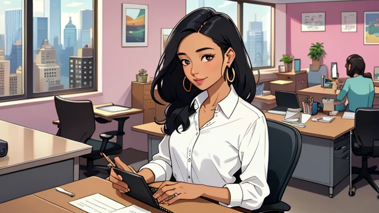 In the background there are many desks and people, Beautiful black-hair woman in her 30s sitting chair in an spacious and colorful office. looking down, relaxed atmosphere, cozy, LOFI girl, blouse, desk, documents, laptop, pen, watch, smartphone, stationery, wide glass window, only five fingers, New York, colorful, can see skyscrapers outside the window, colorful wall, pierced earrings, ring, cabinet, offee cup, Well-proportioned face, Unbroken fingers, unbroken fingers, beautiful captured fingers, White skin, Japanese, She has nothing in her hands