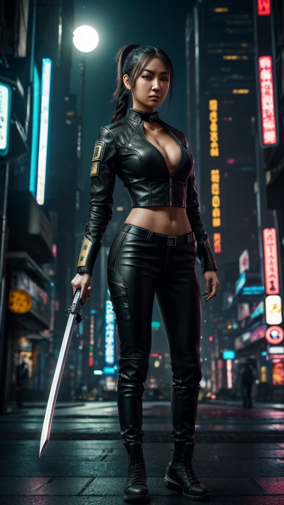 (work of art, best qualityer, 8K, sharp focus, Depth of field, better shadows, perfect lights, hdr, textura de pele realista, hyper detailed background), anime styling, Long angle shot, ((cyberpunk theme)), standing alone, 1womanl, she is a mercenary, (greeneyes, Caucasian skin, Black hair with ponytail, choker, breasts small, Scrawny, make up, eyeliner, ), she is doing work in a futuristic Korean city, holding a Tech-katana tightly, natta, sky, waning moon, wearing a nice tech jacket and leather pants.