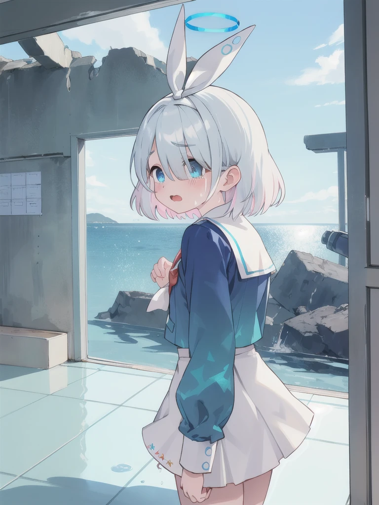 masterpiece,Highest quality,indoor,Ruined classroom,Water is filling up,White tile,Ocean View,noon,blue sky,1 Girl,Halo,Cry with your eyes open,Open your mouth,Blue school shirt,Long sleeves,White Skirt,Focus on face,