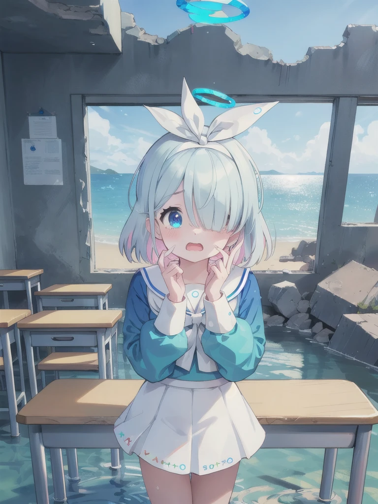 masterpiece,Highest quality,indoor,Ruined classroom,Water is filling up,White tile,Ocean View,noon,blue sky,1 Girl,Halo,Cry with your eyes open,Open your mouth,Blue school shirt,Long sleeves,White Skirt,Focus on face,