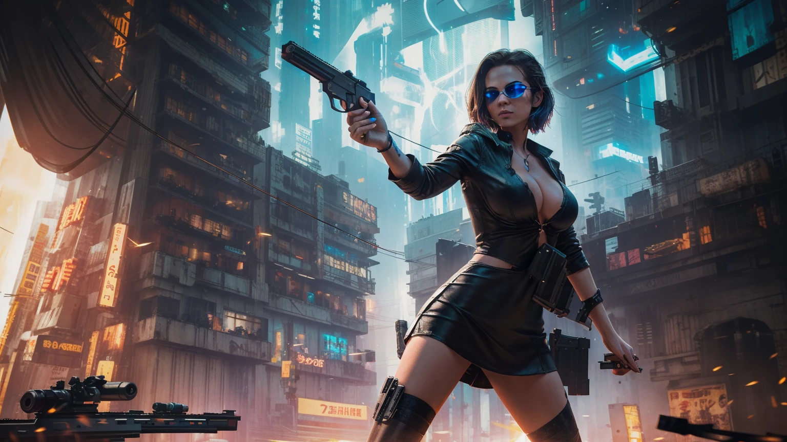 Close-up, a beautiful French woman, tattered clothes, wild long hair, tattered clothes , cleaveage, action movie scene, Dystopian Dinner Cinematic Blade Runner, natta, busy with neon signs, blade runner aesthetics,  film cinematography, gangue trash, attractive person, High emphasis on detail, wearing weather technology equipment, gangue trash, full of life, gangue trash, action movie shot by Kon Satoshi, style semi impasto, dark ink, Atmospheric, Ablaze, lighting dramatic, Beautiful  eyes, symmetric eyes, perfects eyes. Matrix style, (((Matrix cascading code))), (((a futuristic twin tower skyscraper with a unique twisted design))), (((OLED GUI interfaces in the building))), at night, (((((1girl, solo))))), photo realistic, (((((((large-:1.1 slim body, :1.4))))))), (((((off broken mini sling-shirt and black sling , extreamly short pleated  exposing ))))), (((((running pose))))), (((((((matrix style black micro sunglasses))))))), ((((((((((aiming with a short gun)))))))))), (((((looking at camera))))), (((very low view))), (((((half-body thigh level medium shot))))), (((cinematic lighting))).