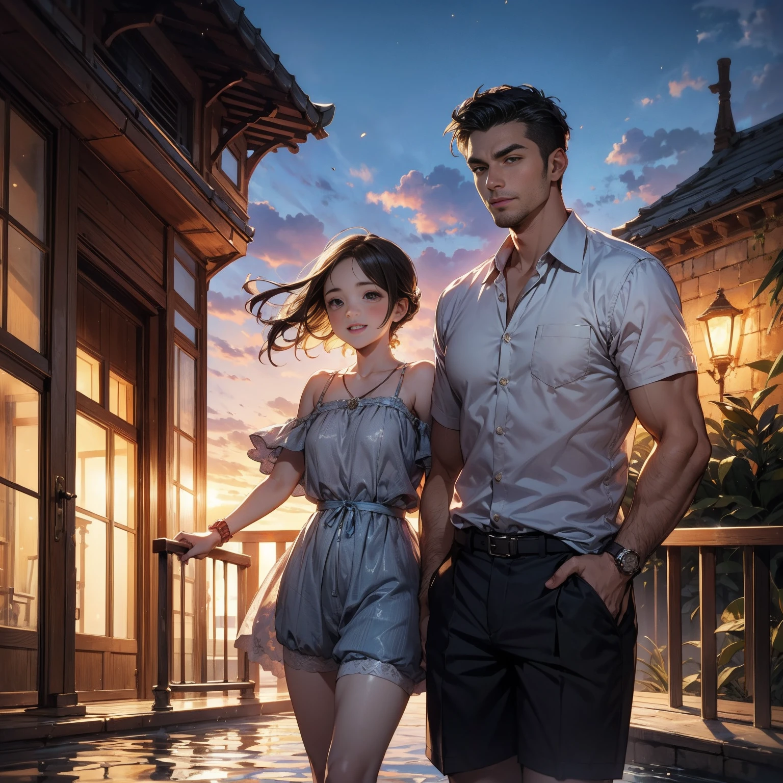Character description: A man who is the resurrected form of Emperor Constantine. Age:: 34 years old Appearance: Attractive and powerful impression。Well-proportioned face、Short Hair、Or a neatly trimmed hairstyle。There is kindness and determination in his eyes.。Muscular but slim build。 clothing: Stylish and functional light clothing。High quality linen shirts and shorts、summerらしい軽やかな素材で統一。Simple accessories such as watches and bracelets。 Twin children age: 7  old Appearance: Cute、元気で純真なexpression。Boys and Girls。Similar traits unique to twins。Soft Hair、Bright smile。 clothing: Child-like light clothing。Boys in casual shirts and shorts、Girls can wear summer dresses or casual tops and skirts。Colourful clothes and accessories。 背景とatmosphere 場所: Varna, Bulgaria Seasons: summer、Evening cool time。The sky is dyed orange and pink at sunset。You can also see the seaside view。 atmosphere: A refreshing and luxurious resort hotel。Beautiful gardens and pool、Elegant Building。The gentle breeze of the evening、Relaxed atmosphere。 Scenes and Relationships A happy and heartwarming scene of a father and son Action: A man watches over the twins、Scenes of them laughing and playing together。The twins are holding their father&#39;s hand.、A father holding the twins in his arms。 expression: 男性は優しさと愛情に満ちたexpression。The twins have innocent and happy smiles。 Story elements Influence of past life and feelings of redemption Expression of emotions: 男性のexpressionや仕草に、We can see regrets about the past and feelings of atonement.。Taking good care of my twin has helped ease those feelings.。 accent: 男性の持ち物やclothingのデザインに、Symbolic elements of resurrection love and rebirth（exampleえば、Special design accessories and tattoos）Add。 Additional elements based on the setting Successful businessman elements Props: High-end smartphones and laptops、Work tools。 The luxury of the place: リゾートホテルのラグジュアリーなatmosphereや、Items that give a sense of private space（example：Private cabanas and poolside deck chairs）。 Symbols and Themes Chiron Meaning or Symbolism Visual Symbolism: As a symbol of healing、Subtle design and background elements。Natural elements that symbolize renewal and healing（example：Flowers and trees、Water flow etc.）(Highly detailed CG Unity 8k wallpaper), The most beautiful works of art in the world, masterpiece, Highest quality,