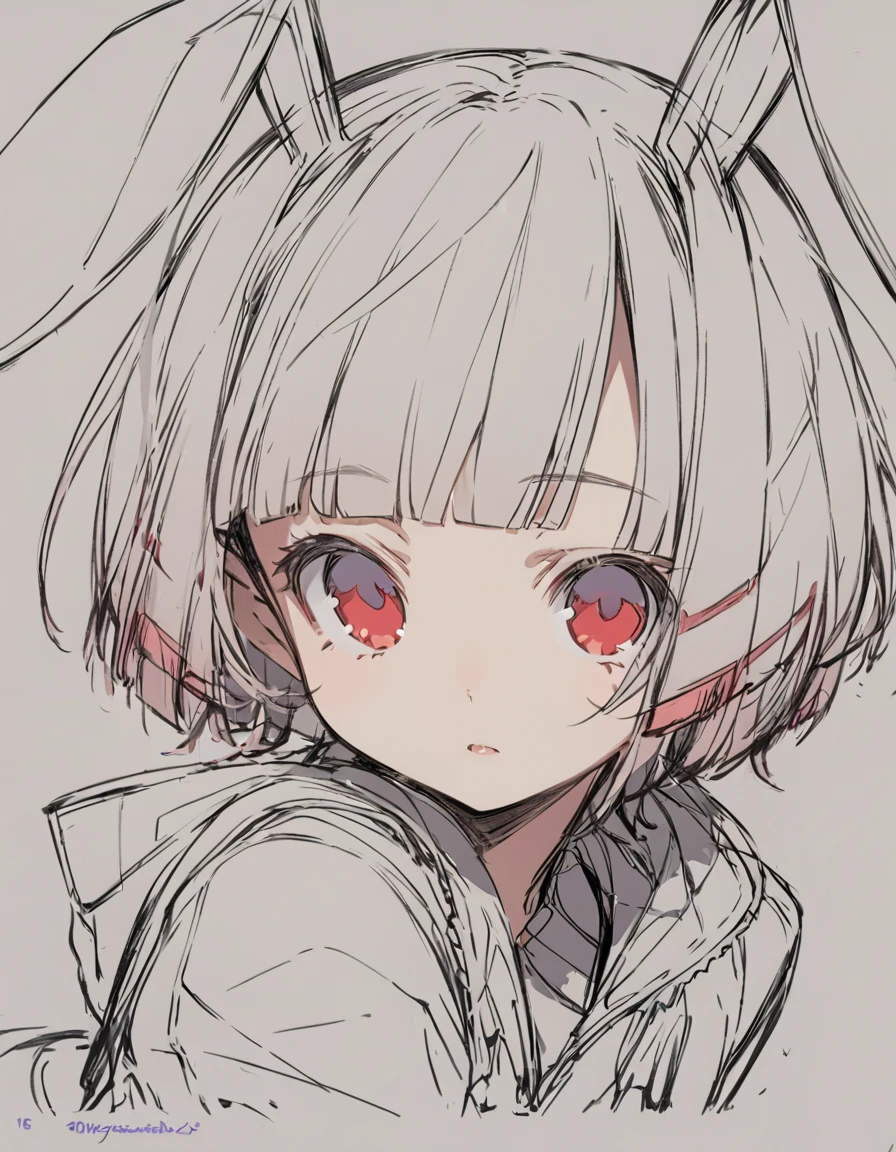 Bunny ears girl(Sketches), (Open Close), (Small body), (White Hair:1.5) (Short Hair:1.4), (Red eyes)(Blunt bangs:1.3)Horns from the forehead