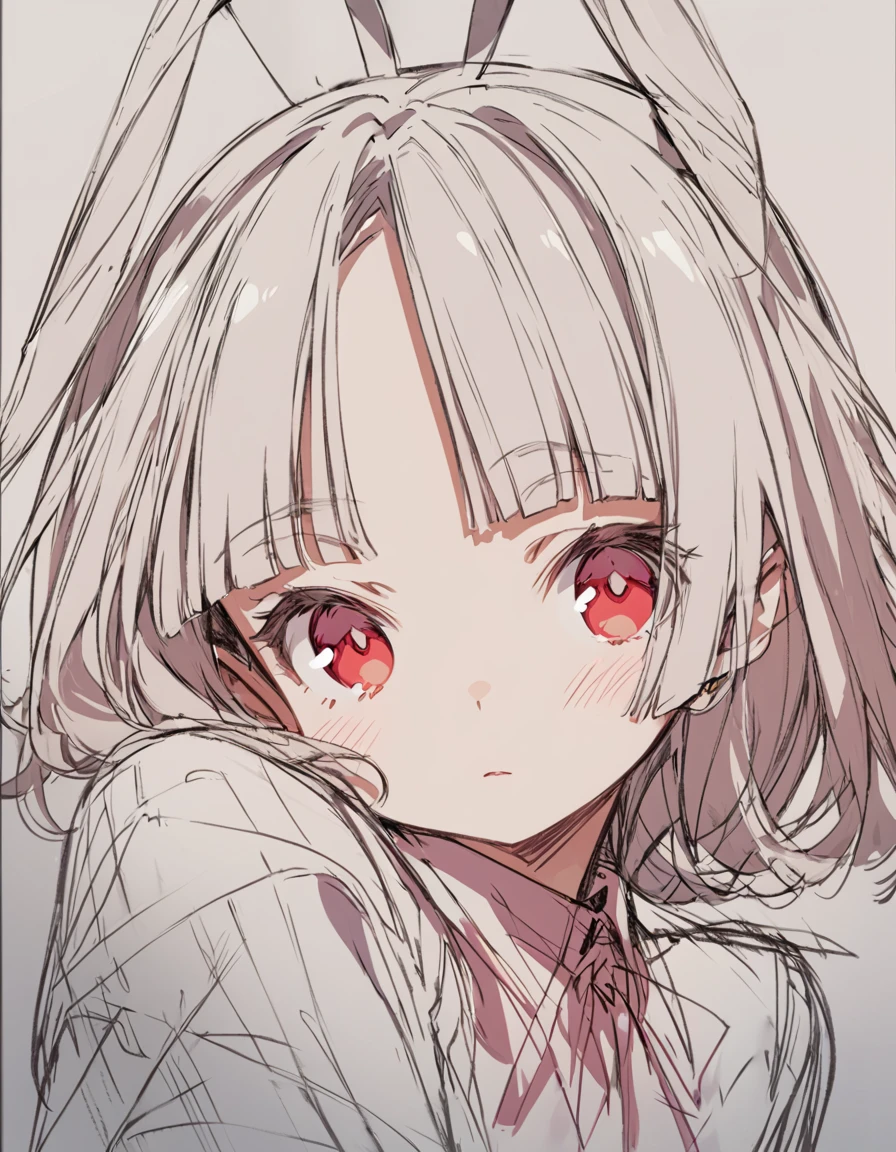 Bunny ears girl(Sketches), (Open Close), (Small body), (White Hair:1.5） (Short Hair:1.4), (Red eyes)(Blunt bangs:1.3)Horns from the forehead
