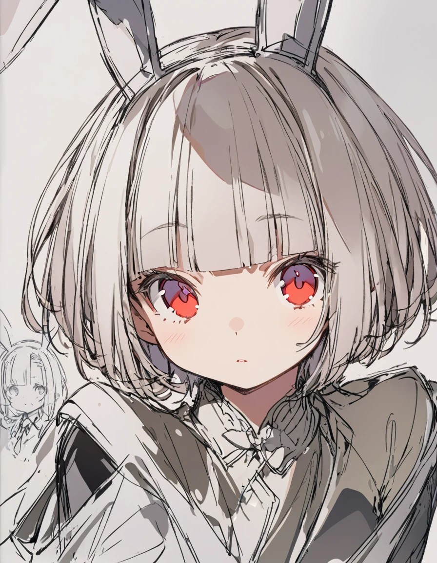 Bunny ears girl(Sketches), (Open Close), (Small body), (White Hair:1.5） (Short Hair:1.4), (Red eyes)(Blunt bangs:1.3)Horns from the forehead
