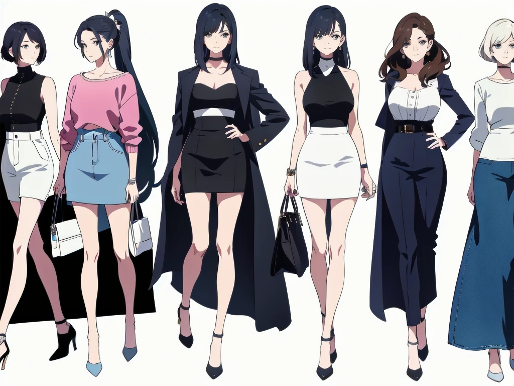 (((Best Quality))) , ((full body)), 4 lady, adult woman, multiple views, white background, variety of hairstyles, variety of fashion styles, seductive pose, fashionable and trendy atmosphere, holding bag, spring outfits, walk pose, short shorts,