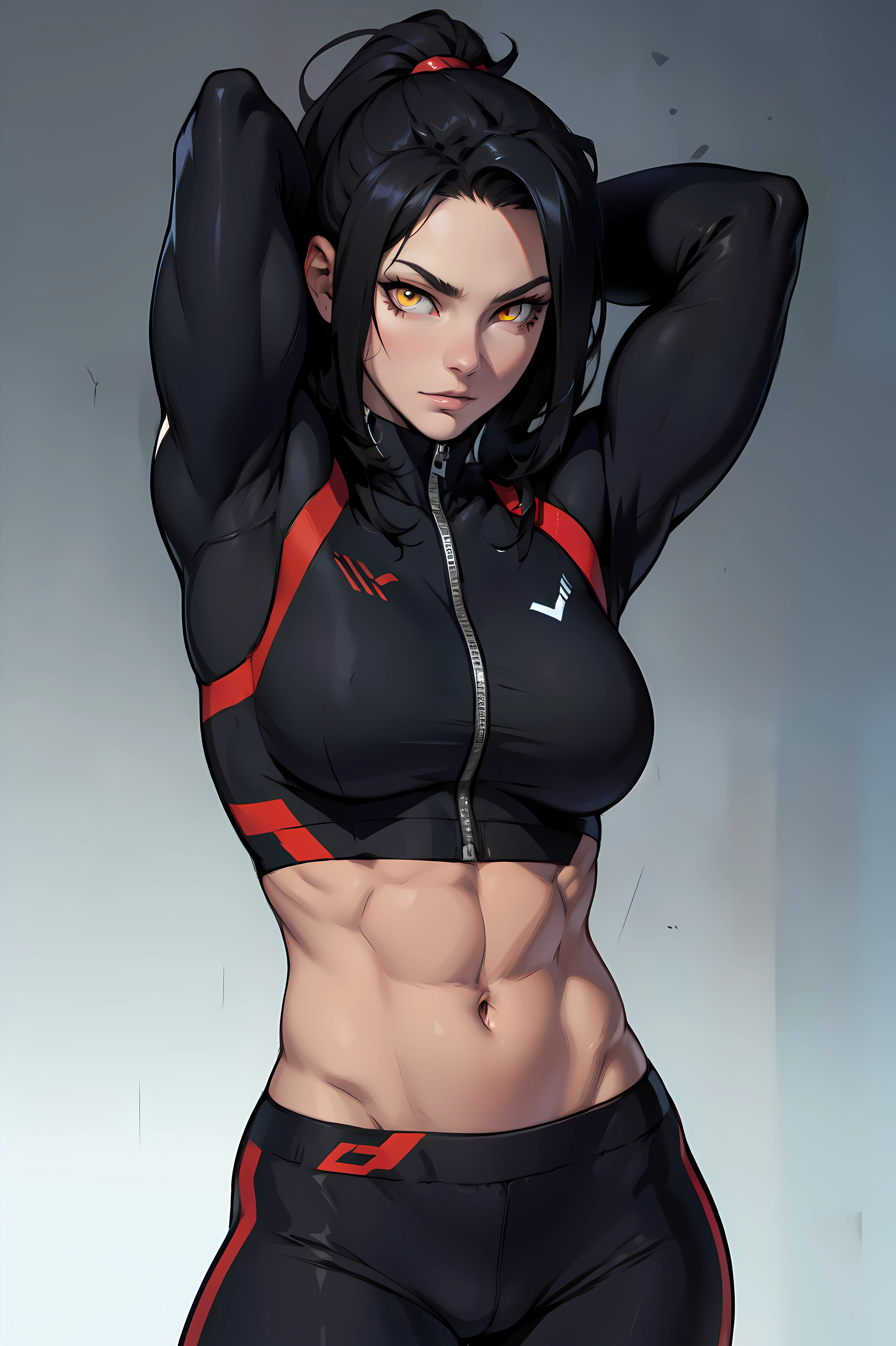 muscular girl black hair yellow eyes