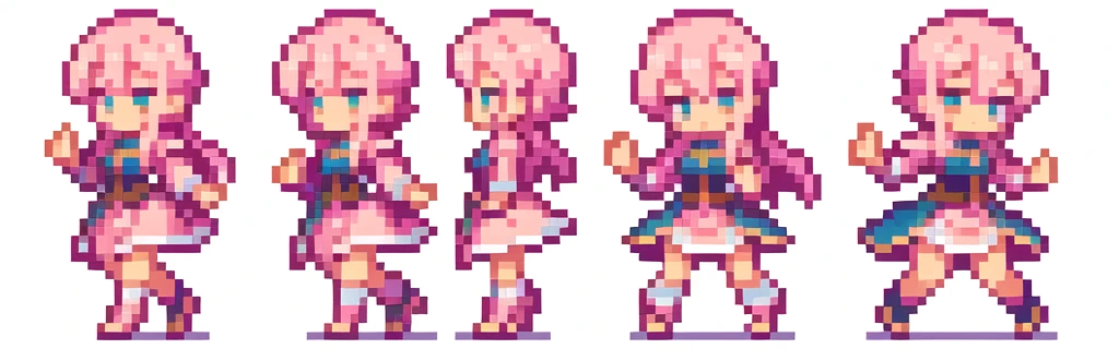 the very same person character chips , masterpiece , best quality , pixel , pixel art , xiangsu , xiang su , sequence frames , walking , 1 girl , fantasy clothes , full body , white background , heroine , deformed , sexy , chibi , 6 poses (put out one's left foot , put out one's right foot , 2 front-facing poses , 2 back poses) , Highly Exposed , pink clothes , pink hair , walking frame