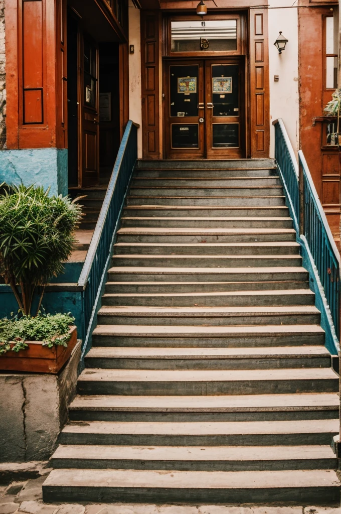 Stairs of a cafe with old Bolivian decoration , modern 