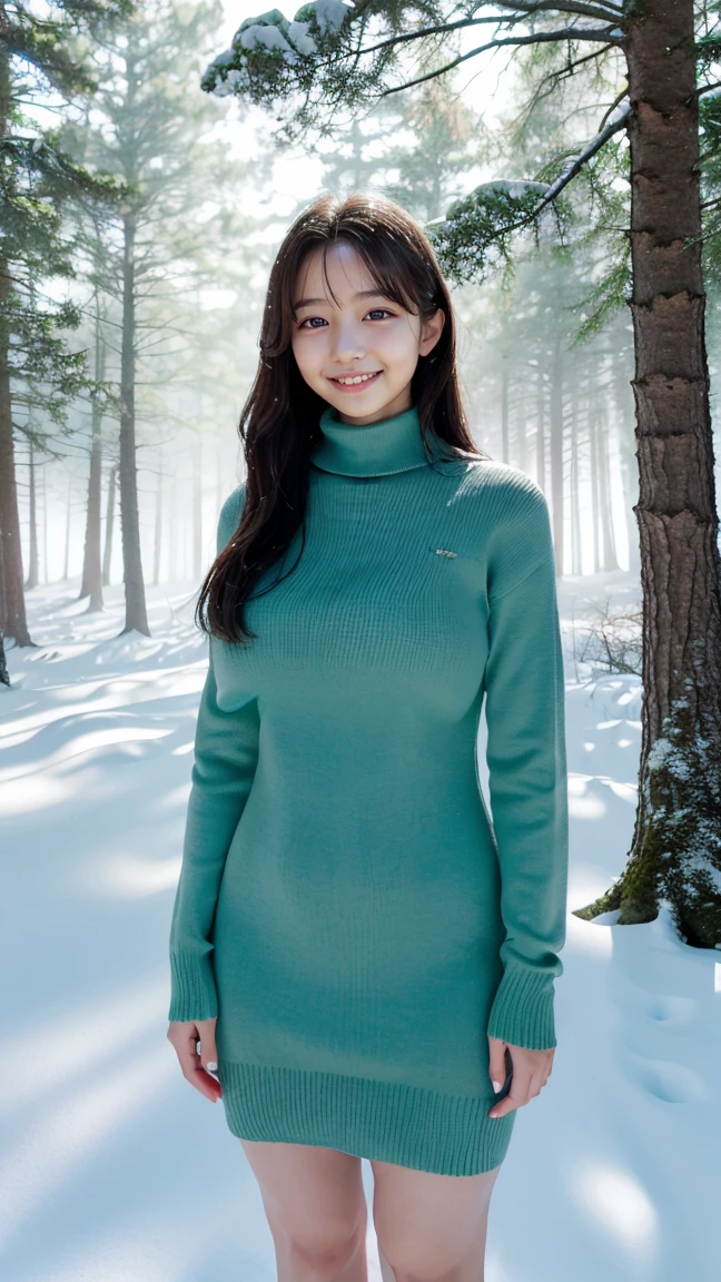 (Highest quality、masterpiece、8K、Best image quality、Hyperrealism、Award-winning works)、1 Girl、(10 year old girl:1.1)、(alone:1.1)、(1 photo:1.1)、(The perfect tight turtleneck knit sweater dress:1.1)、(Standing Elegantly:1.1)、(In a mysterious snowy forest:1.1)、(Mysterious and beautiful snow scenery:1.1)、(A lot of snow has fallen:1.1)、(Mysterious fog:1.1)、(A fantastic and beautiful snowy forest:1.1)、(wood々Beautiful sunlight shining through the gaps:1.1)、(Tyndall effect:1.1)、(It's snowing heavily:1.2)、(Blizzard:1.1)、Spectacular Cinema Lighting、(Shining beautiful snow:1.2)、(The delicate glow of snow:1.2)、(Full body photo of a woman standing gracefully:1.1)、(Accentuate your body lines:1.1)、(Thick legs:1.3)、(Glamorous Body:1.3)、(Very large breasts bigger than a face:1.85)、(Big Ass:1.3)、(Low length:1.2)、(height: 140cm:1.2)、Accurate anatomy、Perfect Makeup、Long eyelashes、Glossy Lips、Ultra HD glossy skin、(Ultra-high definition, bright and beautiful skin:1.1)、超高精細のGlossy Lips、Ultra-high definition beautiful teeth