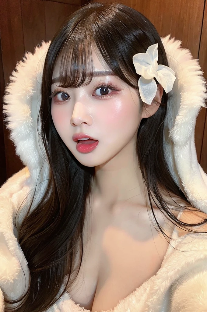 ,（open mouth、a large amount of  on the tongue,、Big Breasts、valley）、Beauty、double eyelids、Tear bags、Big, round eyes、Long eyelashes）、highest quality