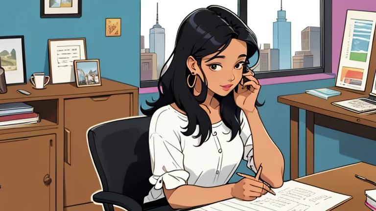 In the background there are many desks and people, Beautiful black-hair woman in her 30s sitting chair in an spacious and colorful office. looking down, relaxed atmosphere, cozy, LOFI girl, blouse, desk, documents, laptop, pen, watch, smartphone, stationery, wide glass window, only five fingers, New York, colorful, can see skyscrapers outside the window, colorful wall, pierced earrings, ring, cabinet, offee cup, Well-proportioned face, Unbroken fingers, unbroken fingers, beautiful captured fingers, White skin, Japanese, She has nothing in her hands, Only two hands