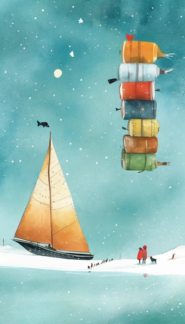Create an illustration in the style of Oliver Jeffers, the Northern Irish artist and illustrator, depicting a story about love and education.