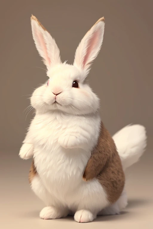 Fluffy illustrated rabbit character、The ears are brown and the area around the nose is brown.、body color is white、Eyes are moist。