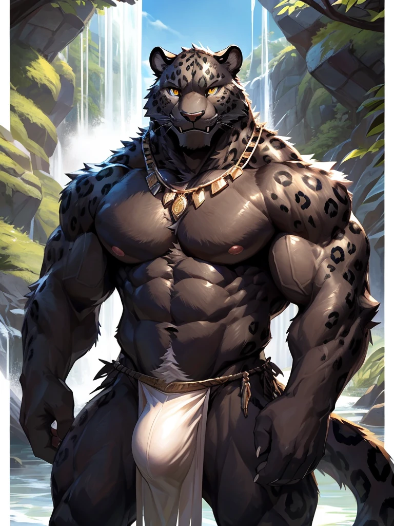 absurdres, ((best quality)), ((masterpiece)), (ultra detailed), perfect face,(sharp eyes),sharp focus, (by null-ghost, by lindong),  (male anthro black panther):1.9, ((black fur)), ((black belly)), sharp eye,ultra-detailed eyes, Beautiful and delicate eyes, (golden eyes), ((fluffy fur, fluffy, furry body)),((long white loincloth), with yellow pattern):0.8, muscular male , (wearing random pattern necklace), smile, (huge bulge), reflection, sexy body, middle-age, strong, looking at view, (((sfw:1.5))), big fellow, (huge body, abs, strong muscle, 8 pack), shirtless, tougue out, claw, pink nipples, handsome,  ((leopard fur pattern)), majestic, barbarous, Delicate canine teeth, official art, hairy, male, by the waterfall , full body view