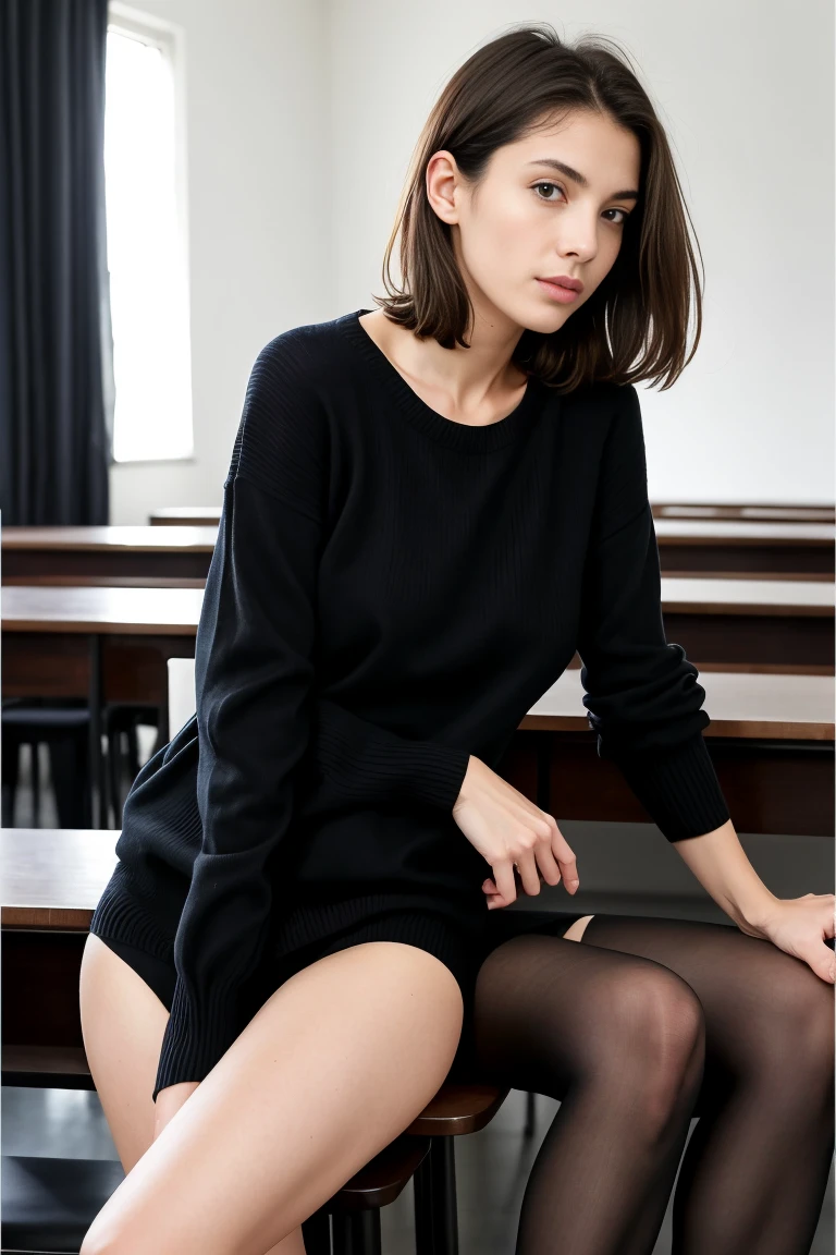 (best quality,realistic,ultra-detailed),a two woman together sexy and slim 18-year-old French brunette woman in black short sleeve sweater, visible legs, salle de classe,position sensuel,se touche,