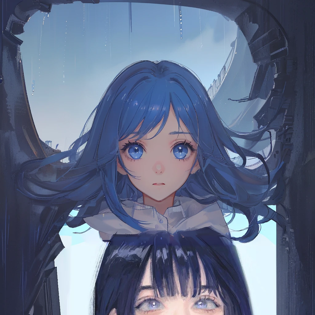 Girl, one girl, long dark blue hair, blue eyes, white shirt, rainy blue sky