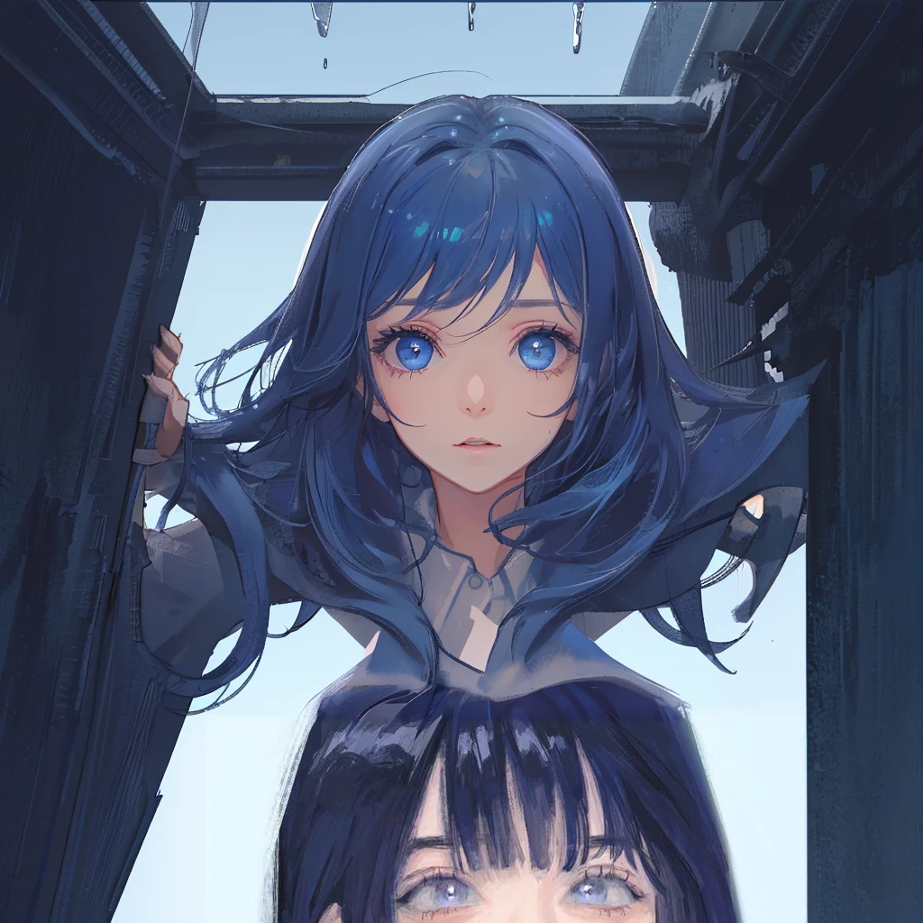Girl, one girl, long dark blue hair, blue eyes, white shirt, rainy blue sky