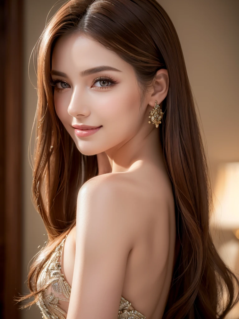 beautiful woman, narrow waist, perfect figure, beautiful eyes, long eyelashes, lustrous lips, perfect body, beautiful skin, (best quality,4k,8k,highres,masterpiece:1.2),ultra-detailed,(realistic,photorealistic,photo-realistic:1.37), cinematic scene, beautiful smile, fashion model, long chestnut hair, attractive clothing, beautiful ornaments