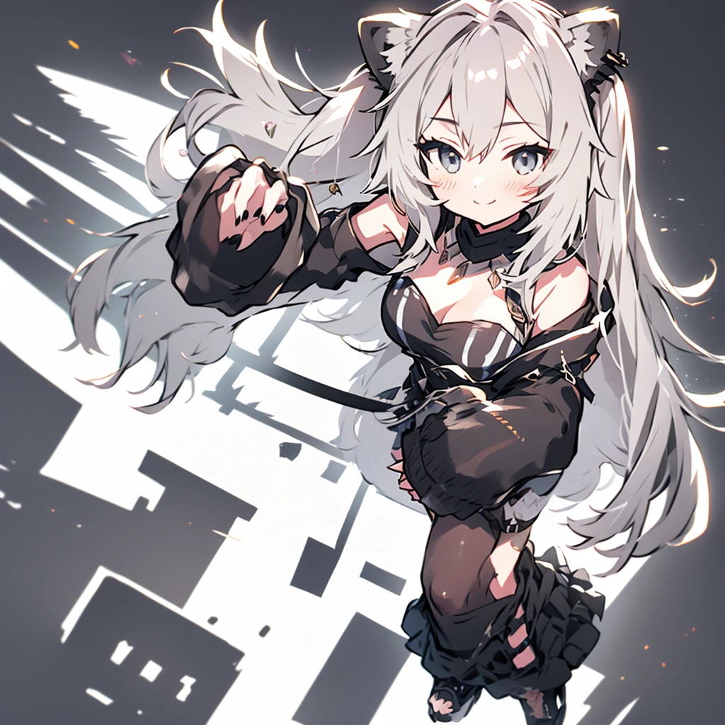 absurdres, highres, best quality, Botan, black top, fur-trim, oionlion ears, messy hair, skirt, messy hair, grey eyes, grey hair, long hair, black nails, sharp nails, dynamic pose, sexy pose, seductively smile, blush, hands behind back, city road, on the road,1girl,solo