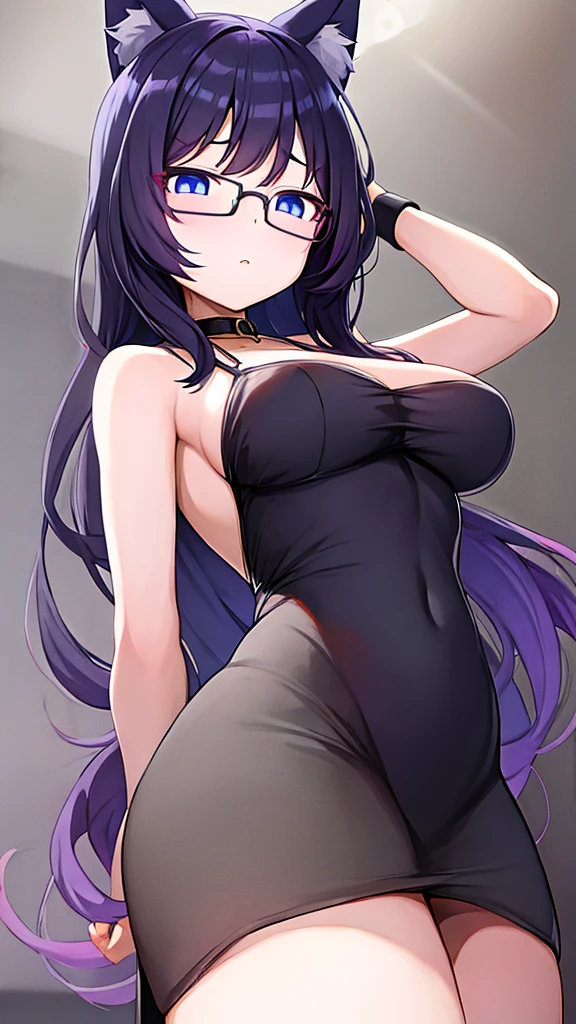 An 18-year-old cat girl with long black hair with purple ends, blue eyes, chest, and round-shaped glasses. Black dress sexy standing,