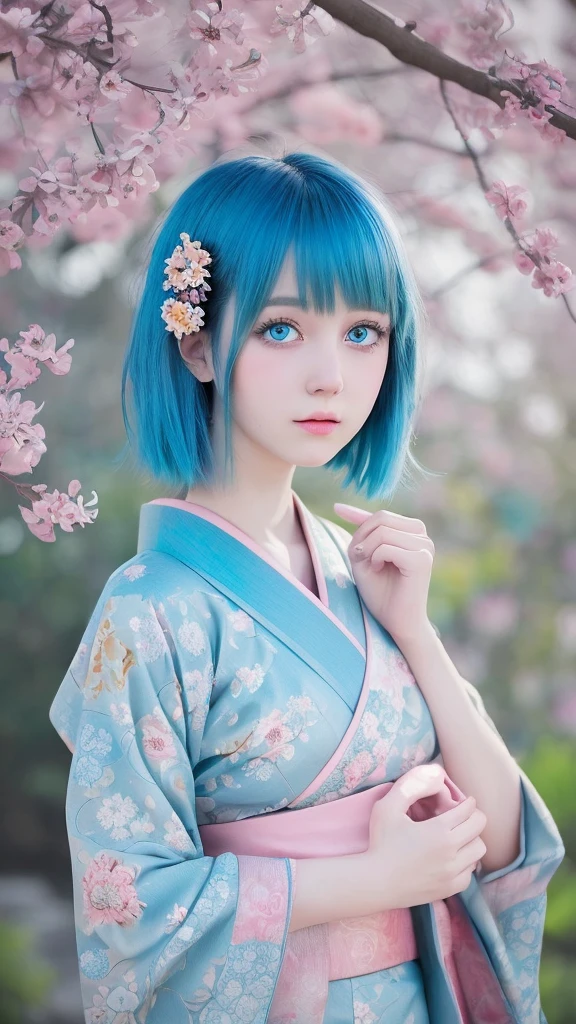 Create a digital illustration of a cute anime-style girl。she若々With a delicate appearance、With big, expressive blue eyes、She has short pastel blue bob hair.。she、Mainly in soft tones of blue and pink with floral decorations、Wearing an elaborate traditional kimono。Her hair features an intricate floral arrangement of flowers and ornaments。she手に柔らかい光を放つ青いハートのシンボルを持っています。The whole atmosphere is magical and serene.、It features soft lighting that focuses on the fine details of the characters' clothing and accessories.。