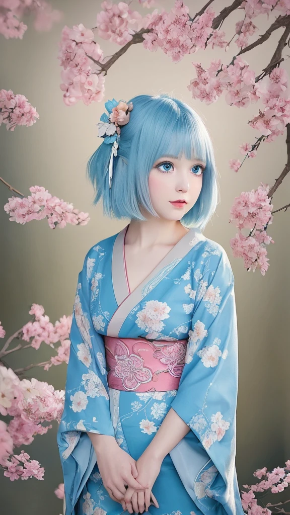 Create a digital illustration of a cute anime-style girl。she若々With a delicate appearance、With big, expressive blue eyes、She has short pastel blue bob hair.。she、Mainly in soft tones of blue and pink with floral decorations、Wearing an elaborate traditional kimono。Her hair features an intricate floral arrangement of flowers and ornaments。she手に柔らかい光を放つ青いハートのシンボルを持っています。The whole atmosphere is magical and serene.、It features soft lighting that focuses on the fine details of the characters&#39; clothing and accessories.。