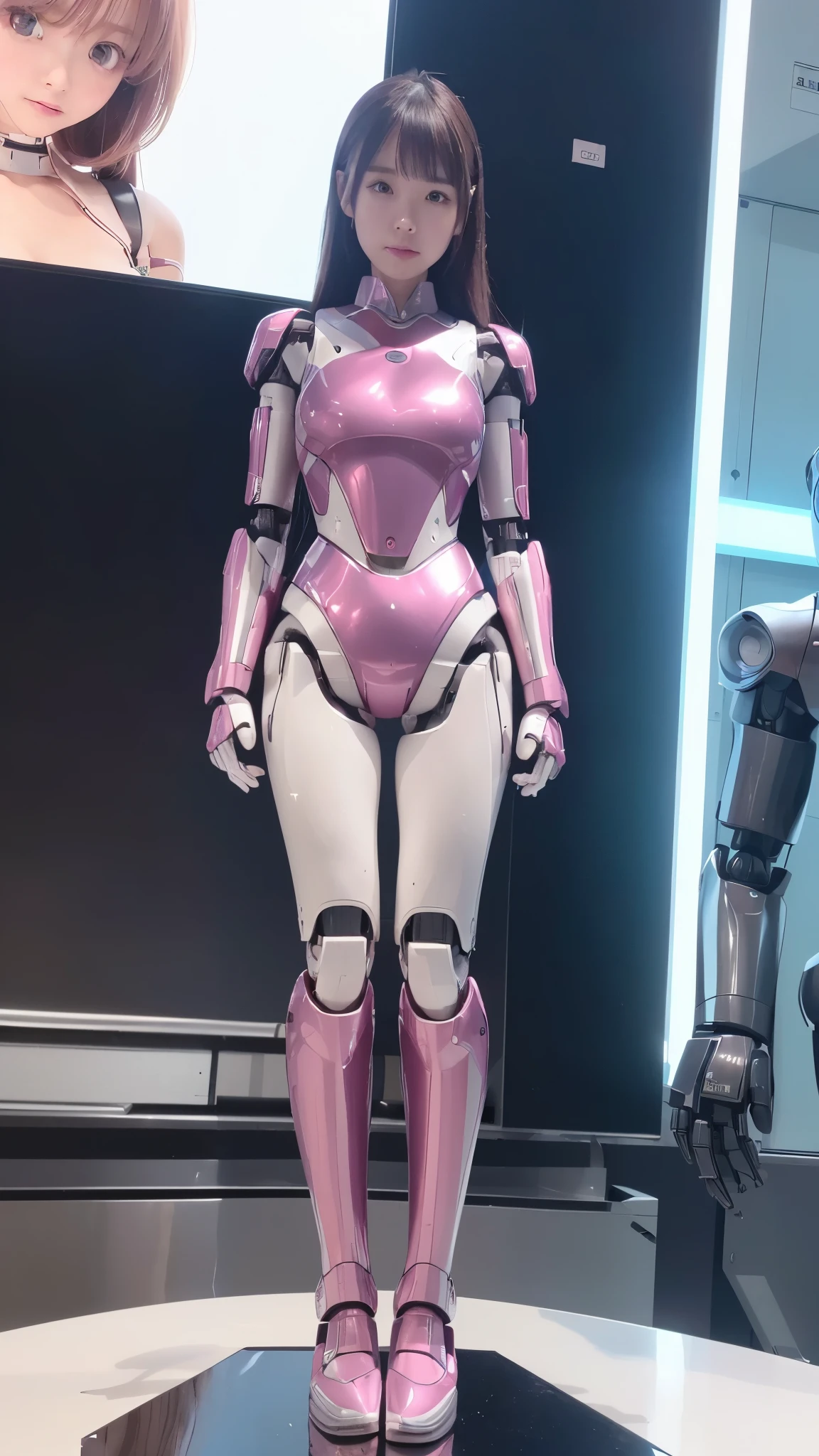 (Photorealsitic:1.4)、one robot woman、(top-quality)、(hyperdetailed face)、(Super well-formed face)、(Robot Parts)、(Female-Robot)、(25 years-old)、(pink)、(Burgundy)、(metallic)、(full-body)、(sexy pose)、(Slender body)、(Model body type)、(full body mech)、(Akihabara)、(is looking at the camera)、(A brown-haired)、(Well-proportioned body)、(a small face)、(a small head)、(well-groomed fingers)、(Idol)、(front facing)、(Standing with legs open)、(Photo session)、(Looks sad)、(perfect-female-robot)、(perfect-mechanical-body)