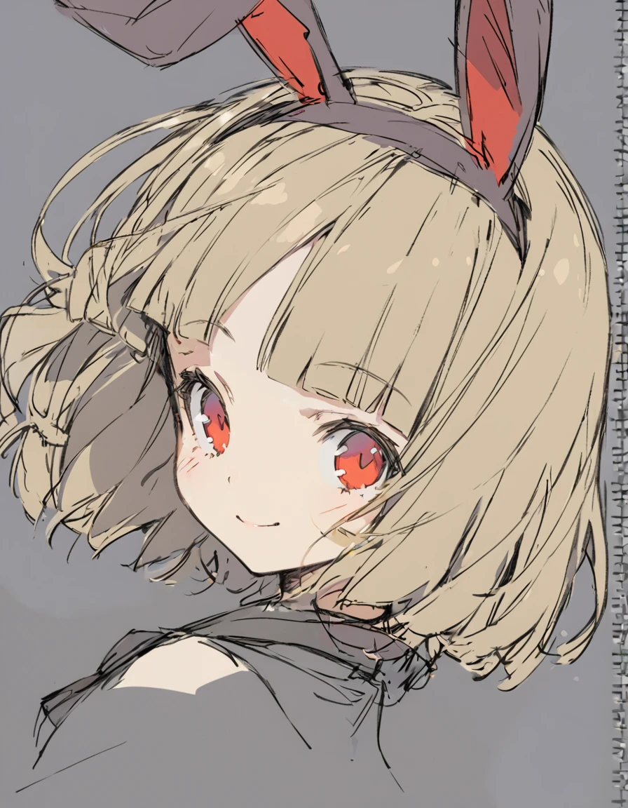 Bunny ears girl(Sketches), (Open Close), (Small body), (Gray Hair:1.5) (Short Hair:1.4), (Red eyes)(Blunt bangs:1.3)Horns from the forehead smile