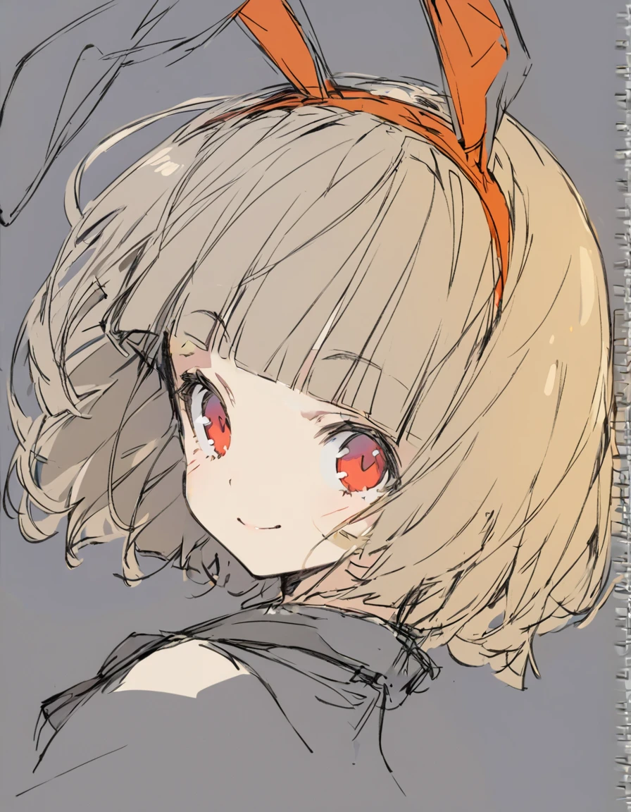 Bunny ears girl(Sketches), (Open Close), (Small body), (Gray Hair:1.5) (Short Hair:1.4), (Red eyes)(Blunt bangs:1.3)Horns from the forehead smile
