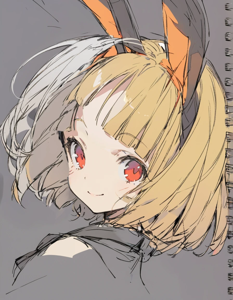 Bunny ears girl(Sketches), (Open Close), (Small body), (Gray Hair:1.5) (Short Hair:1.4), (Red eyes)(Blunt bangs:1.3)Horns from the forehead smile