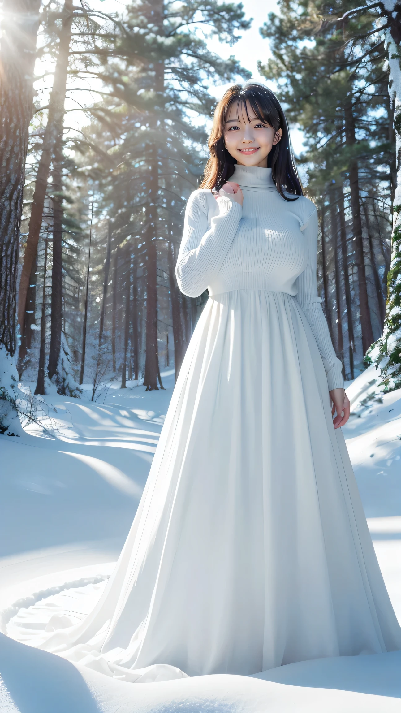 (Highest quality、masterpiece、8K、Best image quality、Hyperrealism、Award-winning works)、1 Girl、( girl:1.1)、(alone:1.1)、(1 photo:1.1)、(The perfect tight turtleneck knit sweater dress:1.1)、(Standing Elegantly:1.1)、(In a mysterious snowy forest:1.1)、(Mysterious and beautiful snow scenery:1.1)、(A lot of snow has fallen:1.1)、(Mysterious fog:1.1)、(A fantastic and beautiful snowy forest:1.1)、(wood々Beautiful sunlight shining through the gaps:1.1)、(Tyndall effect:1.1)、(It's snowing heavily:1.2)、(blizzard:1.1)、Spectacular Cinema Lighting、(Shining beautiful snow:1.2)、(The delicate glow of snow:1.2)、(Full body photo of a woman standing gracefully:1.1)、(Accentuate your body lines:1.1)、(Thick legs:1.3)、(Glamorous Body:1.3)、(Very large breasts bigger than a face:1.85)、(BIG ASS:1.3)、(Low length:1.2)、(height: 140cm:1.2)、Accurate anatomy、Perfect Makeup、Long eyelashes、Glossy Lips、Ultra HD glossy skin、(Ultra-high definition, bright and beautiful skin:1.1)、Ultra-high definition glossy lips、Ultra-high definition beautiful teeth