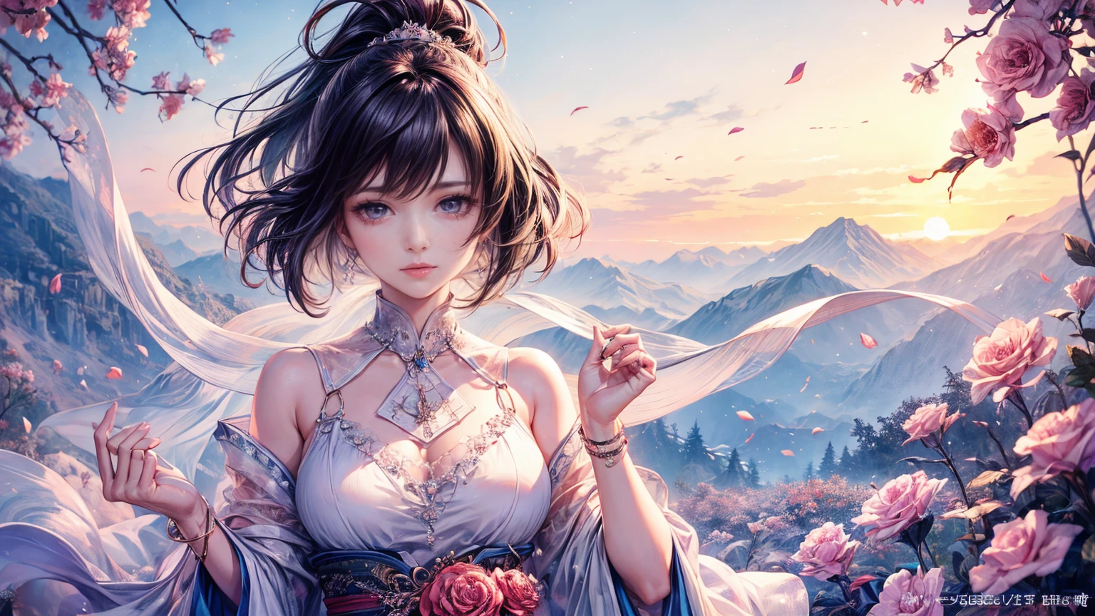 (Highest quality, 8K, CG), Beautiful and exquisite body,Midnight purple hair,Length Ponytail,Swordsman,Length: Straight,beautiful girl,Courtesan-style costume,Dancer,skirt,Japanese style, Gradient Hair, Purple eyes, Exquisite eye makeup, 長さ eyelashes fluttering, Starry Sky, Delicate lip detail, Soft and harmonious style,Exposed shoulders, bracelet,Suspended particles, Dynamic pose,One Girl,Glamour,sexy
