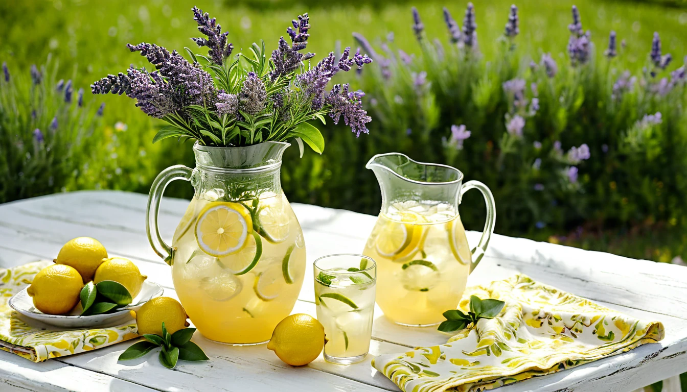Lemonade Serenity: Illustrate a close-up view of a rustic white wood table adorned with a pitcher of freshly squeezed lemonade, garnished with lime slices. The table is set with a floral yellow napkin and a sprig of lavender, all under the Mediterranean sun.