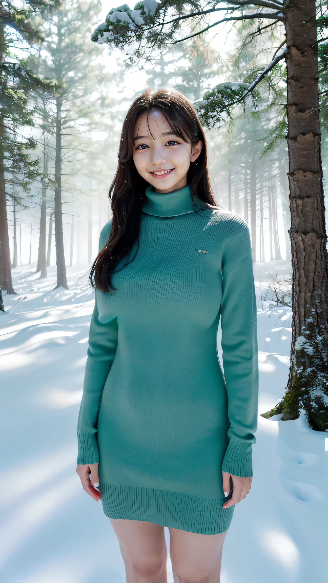 (Highest quality、masterpiece、8K、Best image quality、Hyperrealism、Award-winning works)、1 Girl、( girl:1.1)、(alone:1.1)、(1 photo:1.1)、(The perfect tight turtleneck knit sweater dress:1.1)、(Standing Elegantly:1.1)、(In a mysterious snowy forest:1.1)、(Mysterious and beautiful snow scenery:1.1)、(A lot of snow has fallen:1.1)、(Mysterious fog:1.1)、(A fantastic and beautiful snowy forest:1.1)、(wood々Beautiful sunlight shining through the gaps:1.1)、(Tyndall effect:1.1)、(It's snowing heavily:1.2)、(blizzard:1.1)、Spectacular Cinema Lighting、(Shining beautiful snow:1.2)、(The delicate glow of snow:1.2)、(Full body photo of a woman standing gracefully:1.1)、(Accentuate your body lines:1.1)、(Thick legs:1.3)、(Glamorous Body:1.3)、(Very large breasts bigger than a face:1.85)、(BIG ASS:1.3)、(Low length:1.2)、(height: 140cm:1.2)、Accurate anatomy、Perfect Makeup、Long eyelashes、Glossy Lips、Ultra HD glossy skin、(Ultra-high definition, bright and beautiful skin:1.1)、Ultra-high definition glossy lips、Ultra-high definition beautiful teeth