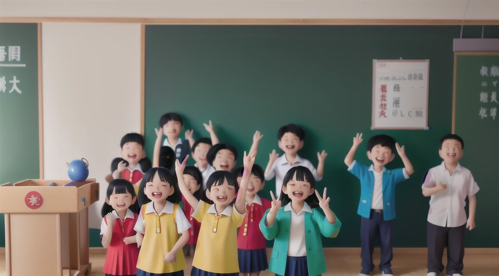 很多child站在带有投影仪屏幕的黑板前, School Class, in a School Classroom, Happy!!!, in the classroom, Photo taken in 2 0 2 0, child, 2447, School Classroom, classroom photos, Inspired by Zhang Zongcang, teacher, In primary school, 4K!!!