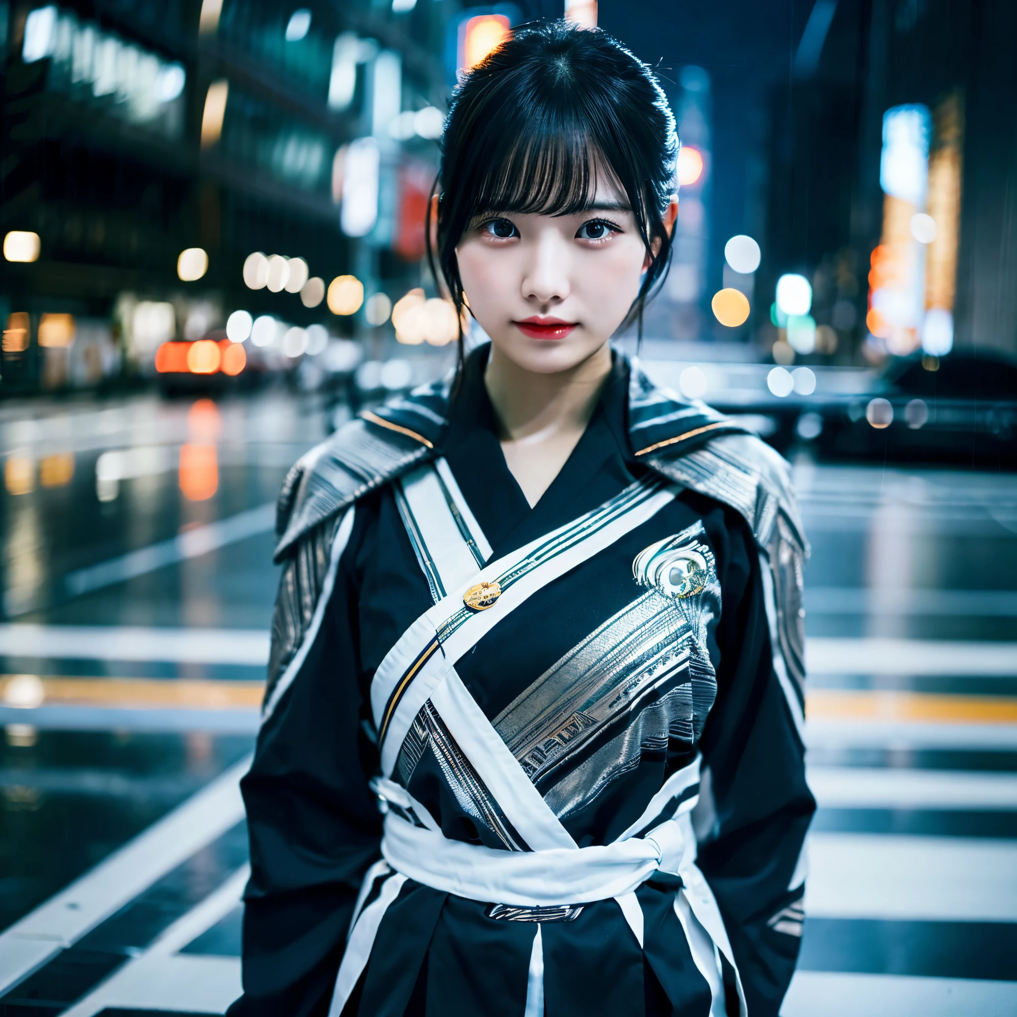 1 japanese girl, WARFRAME, intricate pattern, heavy metal, energy lines, faceless, glowing eyes, elegant, intense, transparant uniform, solo, modern, city, streets, dark clouds, thunderstorm, heavy rain,, dramatic lighting,, (masterpiece:1.2), best quality, high resolution, beautiful detailed, extremely detailed, perfect lighting, big breast