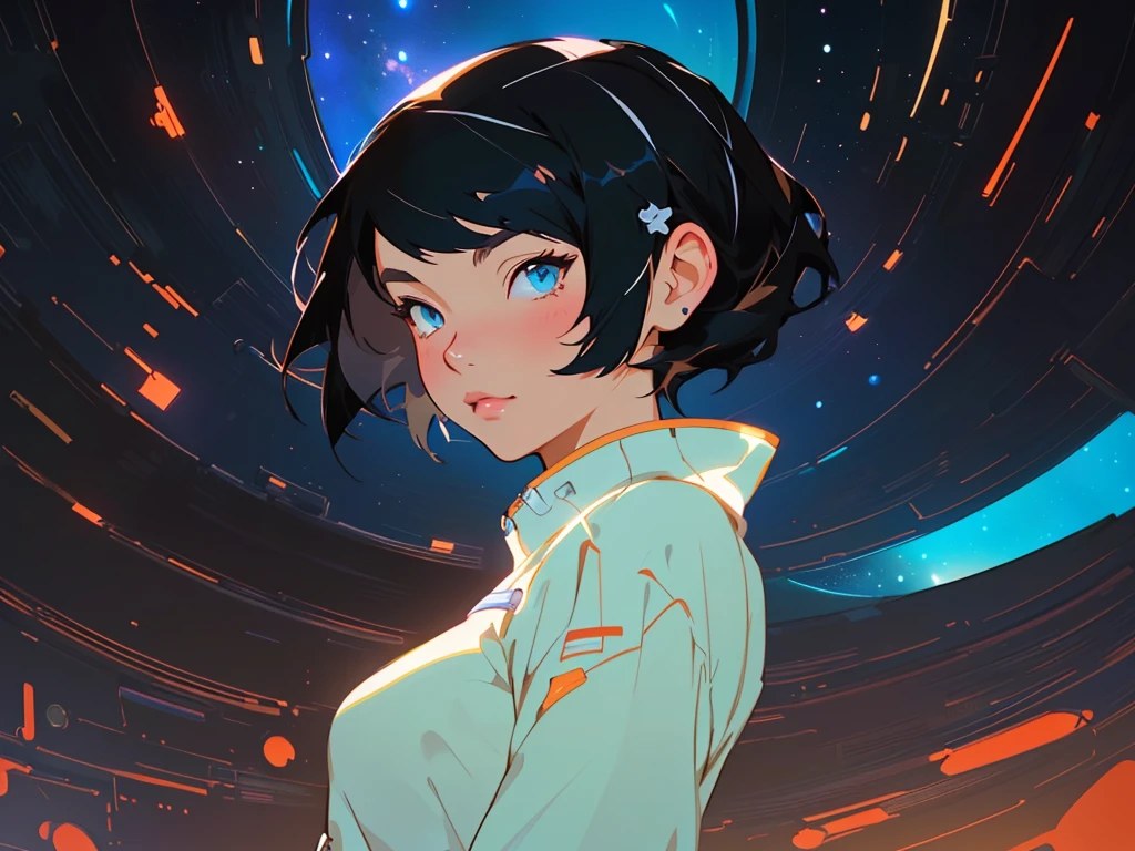 anime girl with black hair and blue eyes standing in front of a colorful background, artgerm and atey ghailan, portrait anime space cadet girl, in style of atey ghailan, ilya kuvshinov style, artstyle : ilya kuvshinov, ilya kuvshinov. 4 k, atey ghailan 8 k