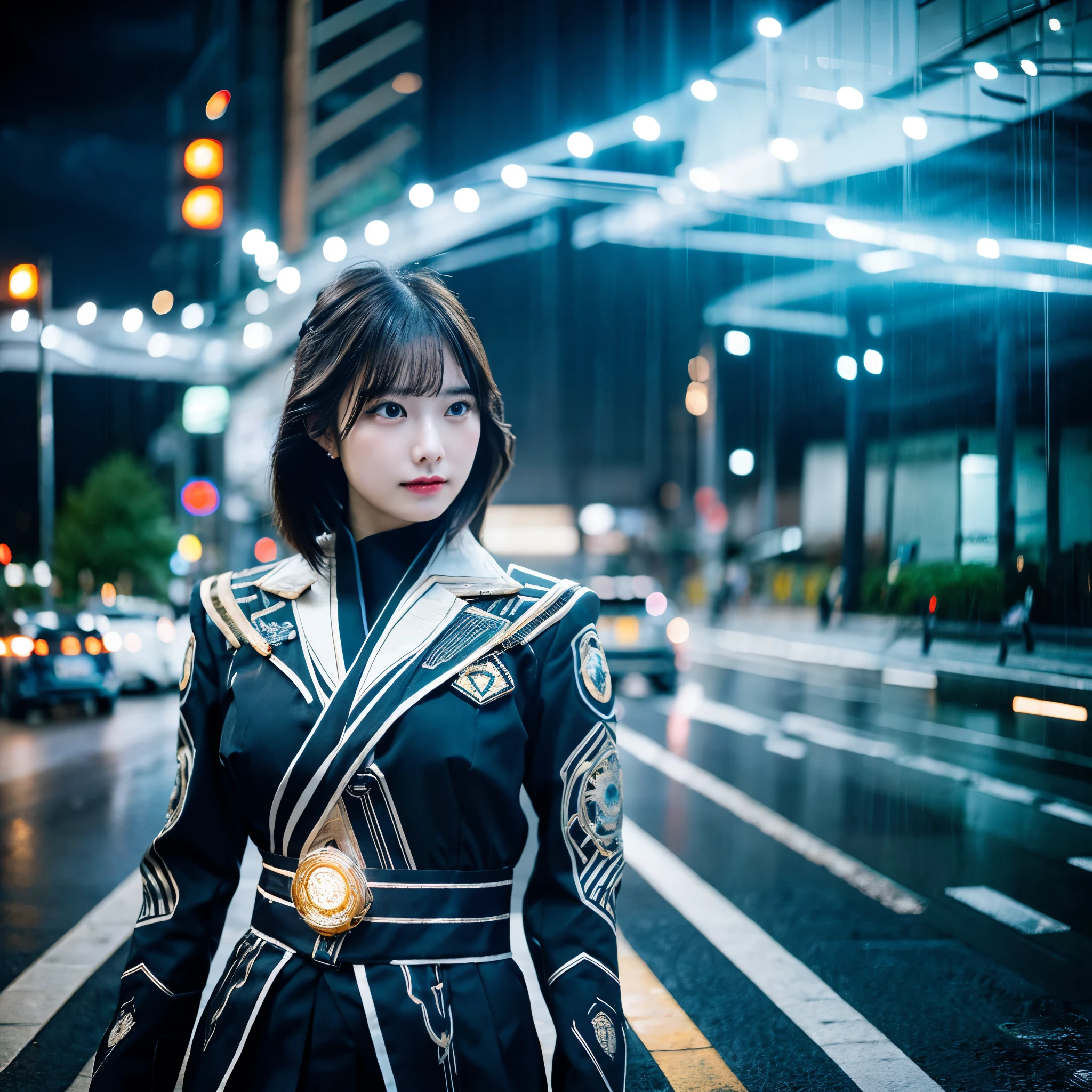 1 japanese girl, WARFRAME, intricate pattern, heavy metal, energy lines, faceless, glowing eyes, elegant, intense, transparant uniform, solo, modern, city, streets, dark clouds, thunderstorm, heavy rain,, dramatic lighting,, (masterpiece:1.2), best quality, high resolution,   beautiful detailed, extremely detailed, perfect lighting, big breast 